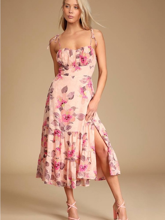 Lulus Dresses & Skirts - NWT Lulus Tea Party Chic Pink Floral Print Tie-Strap Tiered Midi Dress M